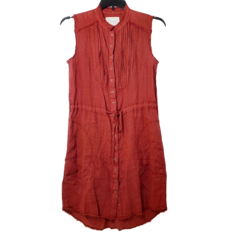 Raw Earth Wild Sky Sleeveless Snap Front‎ Rust Linen Shirt Dress Made In USA